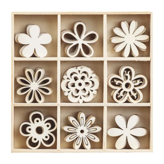 Set of 45 Wooden Assorted Flowers Laser Cut Shapes (3cm)