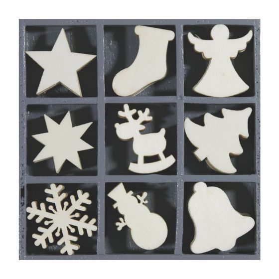 Set of 45 Wooden BASIC STOCKING / SNOWMAN GENERAL WOODEN CHRISTMAS SHAPES (no. 1) (3cm)