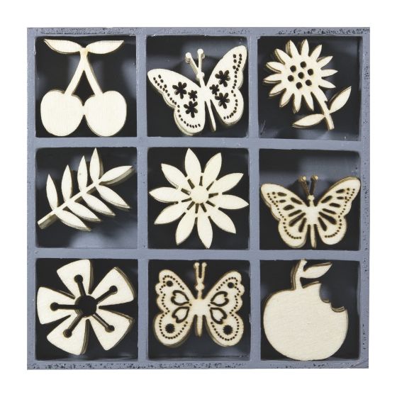 Set of 45 Wooden FLOWERS, FRUITS & BUTTERFLIES Laser Cut Shapes (3cm)