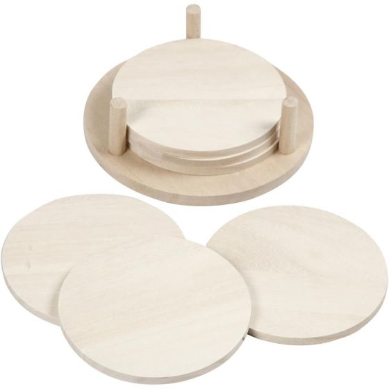 Set of 6 Natural Plain Round Empress Wood Coasters / Drink Mats with Holder