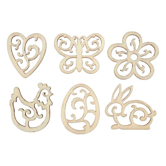 Box of 24 Assorted Ornate Wooden Easter Shapes  