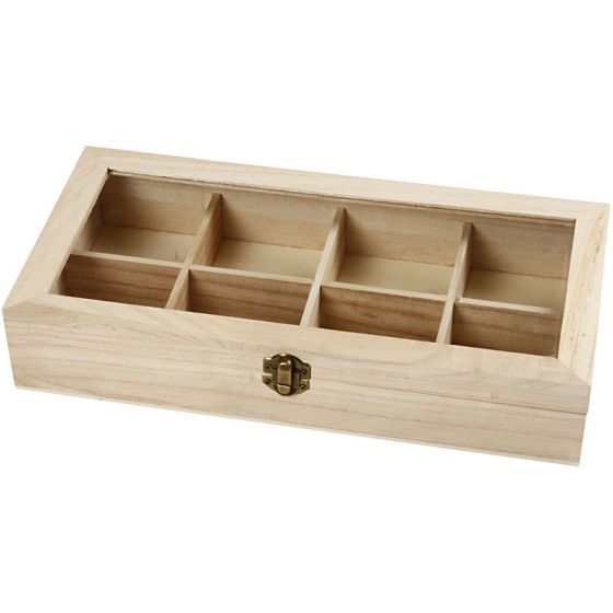 8 Compartment Wooden Tea Box / Storage Box with Glass Lid