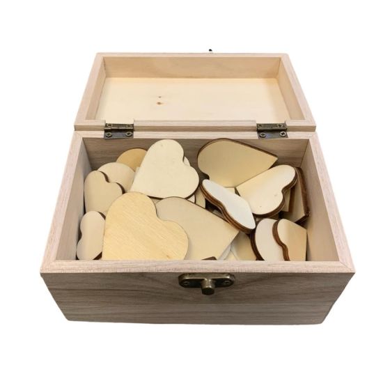 15cm Luxury Wooden Rectangular Box filled with Wooden Hearts for WEDDING / VALENTINES