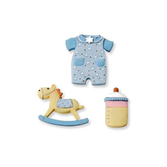 3 Gorgeous Polyresin Decorations  - Outfit, Bottle, Rocking Horse - Baby BoyGirl