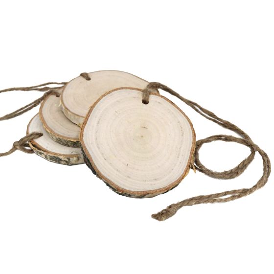 Round Wooden Birch Wood Tree Log Slices with Drilled Hole & Jute Rope 