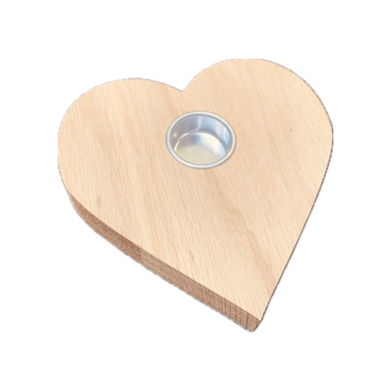 Clearance - EXTRA SMALL METAL CUP - Solid Oak 15cm Heart Shaped Tealight Candle Holder with Metal Cup