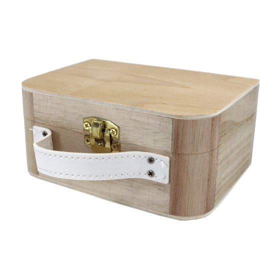 13cm Mini Wooden Suitcase Box with White Handle - PLY Lid and Base