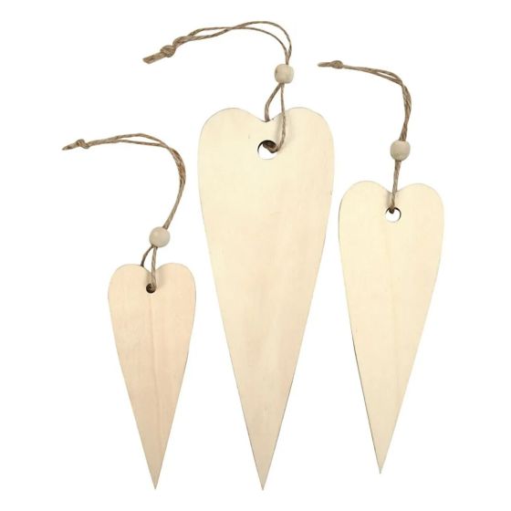 THREE Pale Wooden LONG HEART Ornaments