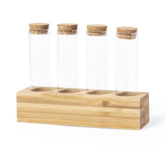 Plain Bamboo Spice Rack Set with 4 Glass Test Tube Bottles - Mini Flower Display Gift - Eco Friendly