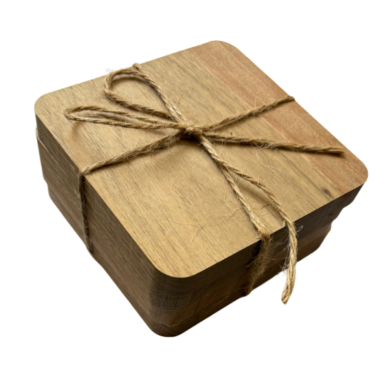 Set of 4 Solid Acacia Wood Plain 10cm Square Coasters - Unvarnished
