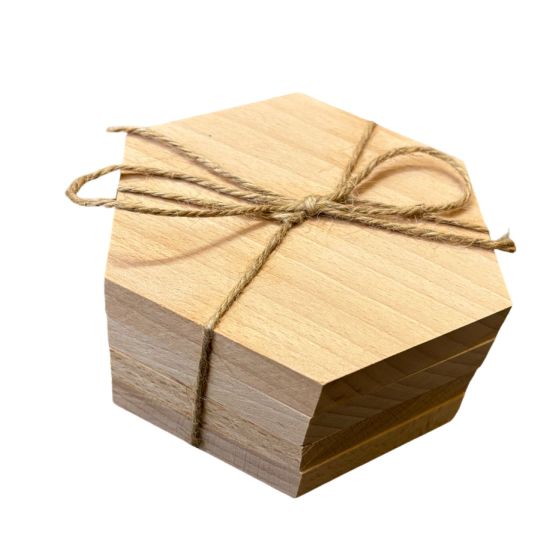 Set of 4 Plain Solid Beech Wood Hexagon Coasters / Drinks Mats - Unvarnished