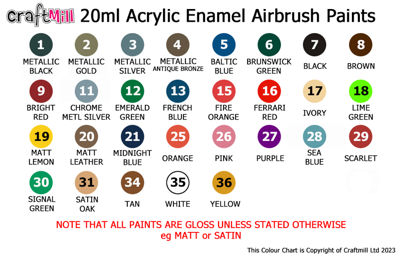 20ml Acrylic Colour Chart